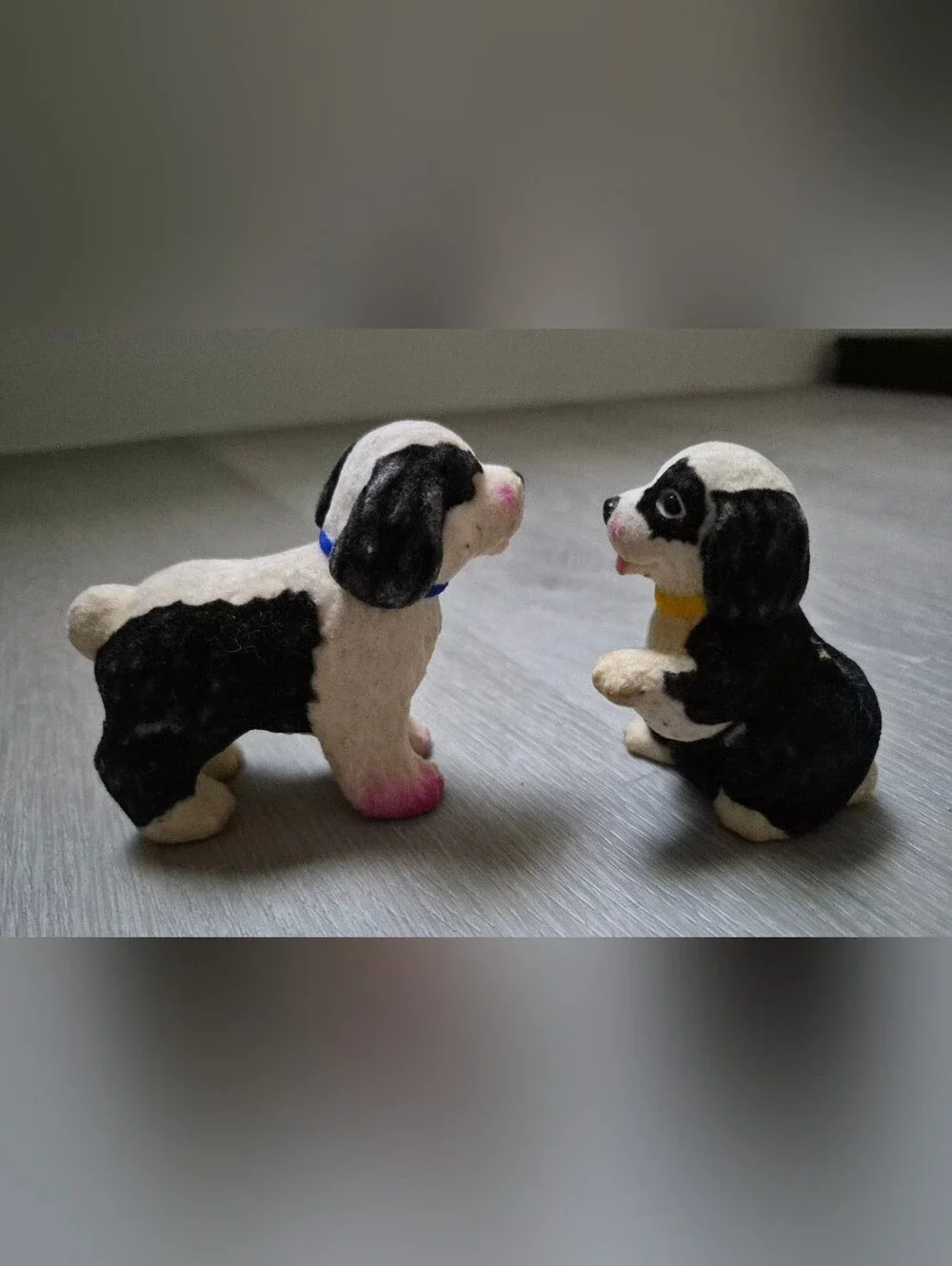 2 Vintage Flocked Black White Spots English Sheepdogs Barbie Dollhouse Pets